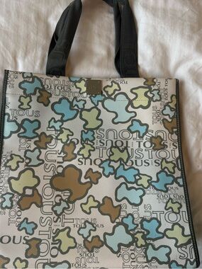 TOUS Cream Tote with Pastel Blue, Olive & Tan Bear Motif